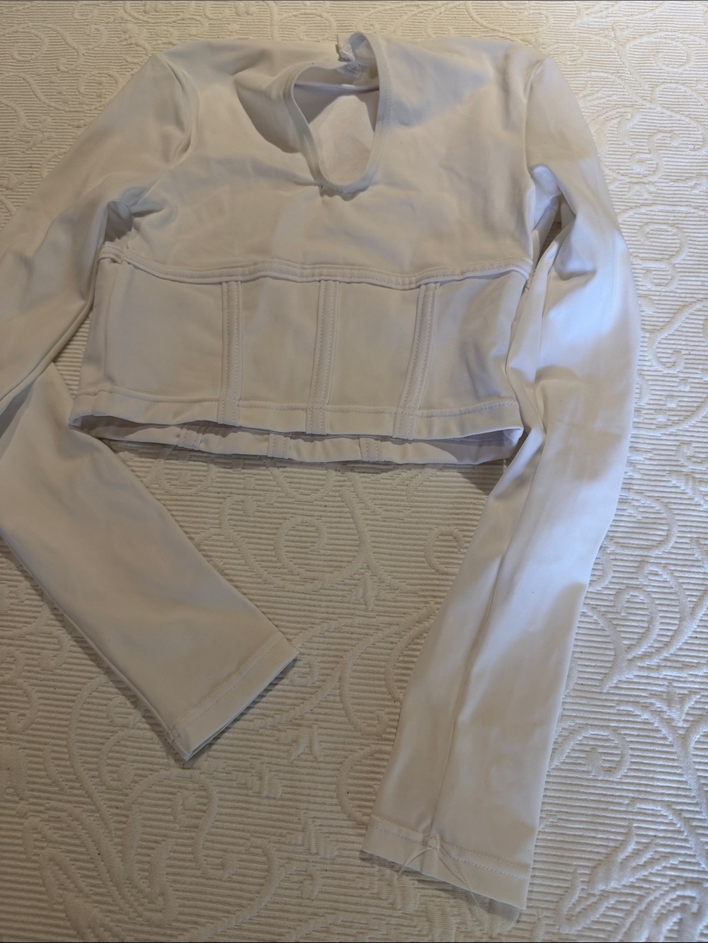 balera White Mock Neck Cage Waist Long Sleeve Crop Dance-wear Top. NEW 10-12 M